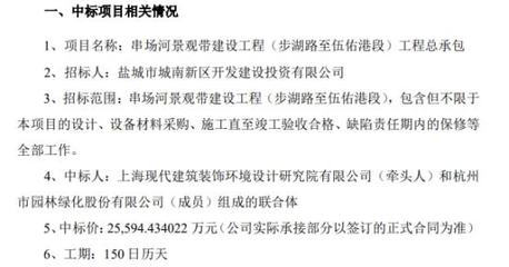 园林股份中标串场河景观带建设工程(步湖路至伍佑港段)工程总承包项目 中标价2.56亿